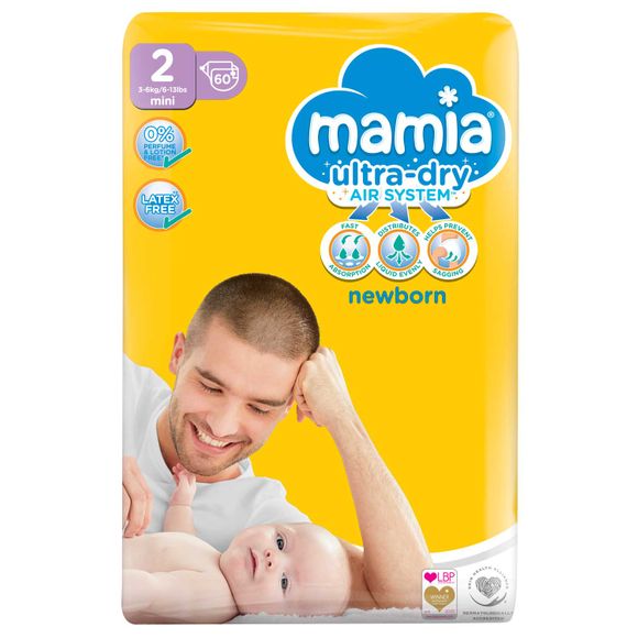 Mamia Ultra-dry Newborn Nappies - Jumbo Pack 60 Pack/Size 2